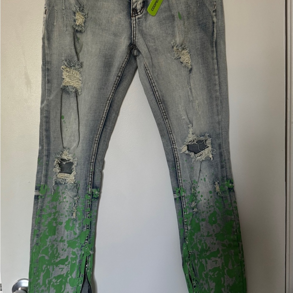 Cooper 9 Distressed Jeans with Green Paint Splatter 30